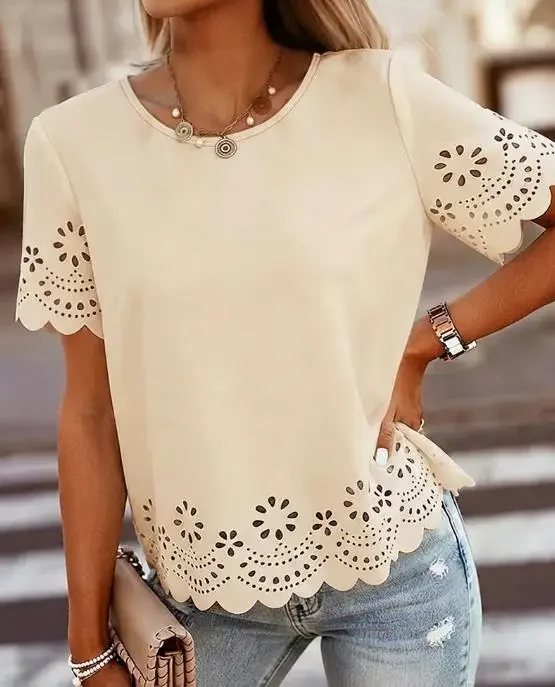 

Women's Round Neck Short Sleeve Eyelet Embroidery Tee Female Daily Clothing New Fashion Women Casual Scallop Trim Top