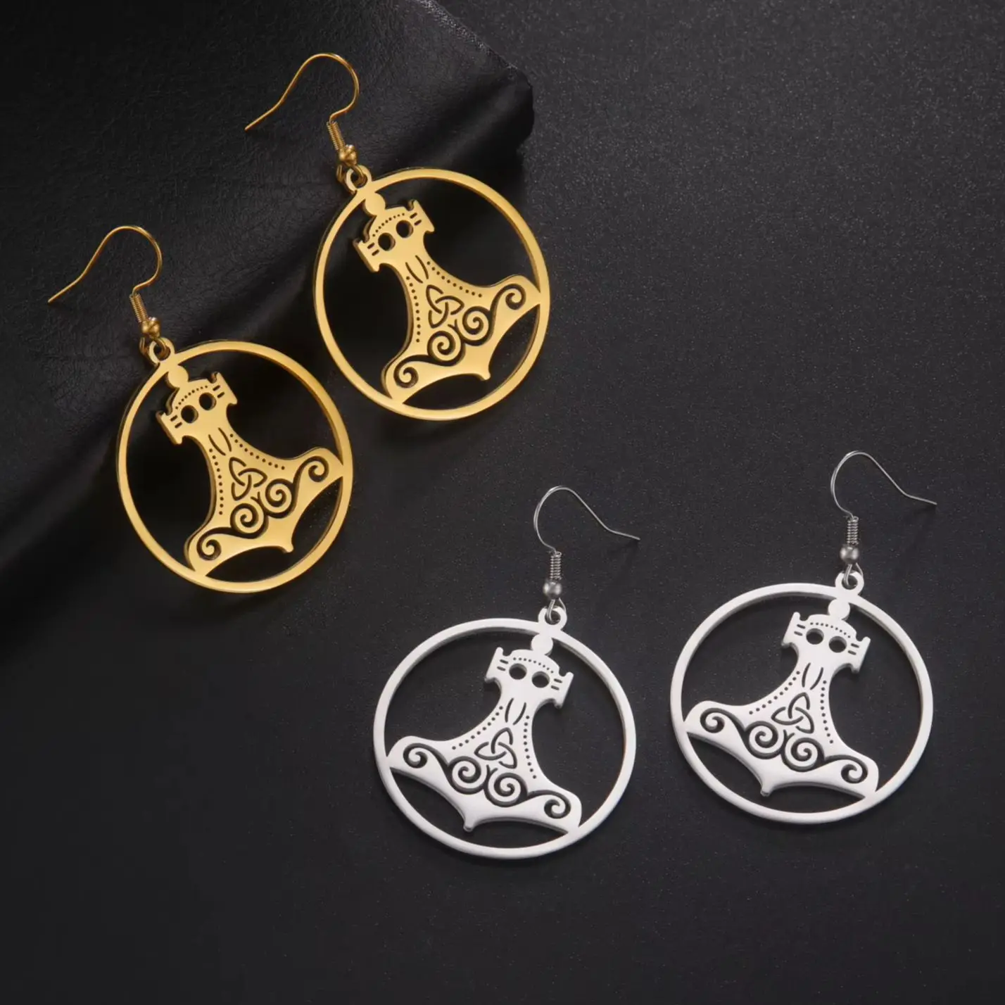 LIKGREAT Vintage Norse Mjolnir Dangle Earrings Women Lucky Celtic Knot Thor Hammer Amulet Stainless Steel Jewelry Birthday Gift