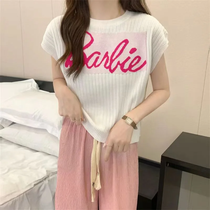 kawaii Anime Cartoon Barbie Crew Nneck Sweater Loose Short Sleeve Bottoming Shirt Sleeveless Tops Vest Summer Women Clothes