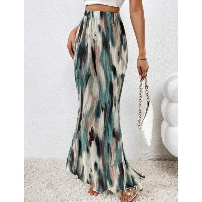 

New Sle Long Skirt with Lettuce Trim And Dyeing Cross-Border Fi Tail Skirt Vintage Ciwalk Nine-Piece Pants Polyester