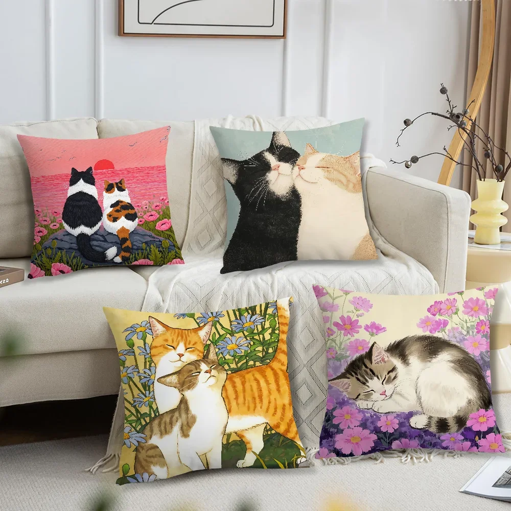 Fashion Cute Kitten Kawaii Cat Flower Cushion Cover Soft Pillow Case Sofa Living Room Home Office Decor Protective Covers