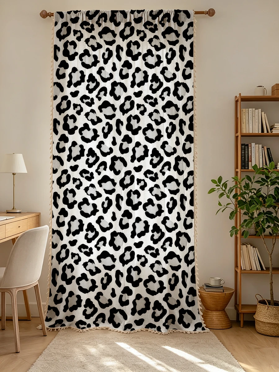 1PC Animal Tassel Sheer Curtains, Black White Leopard Print, Digital Print, Linen Polyester, Bedroom Living Room, Home Decor