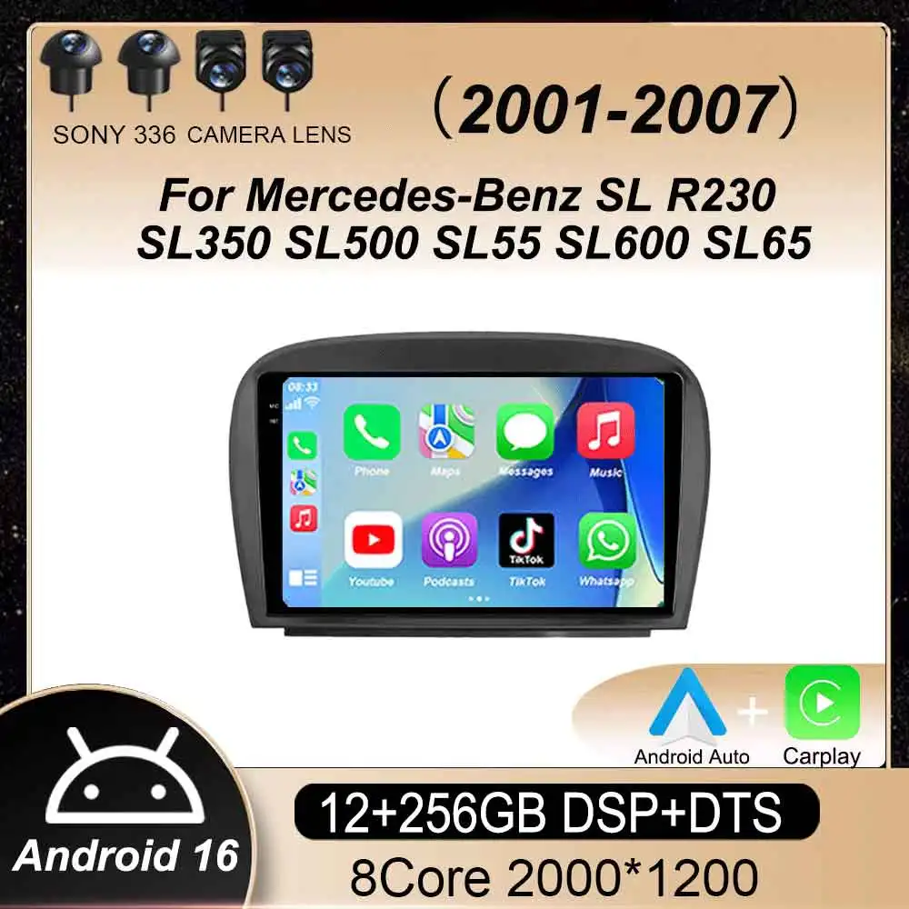 Android 16 Carplay BT For Mercedes-Benz SL R230 SL350 SL500 SL55 SL600 SL65 2001 2002 - 2007 Multimedia Car Radio Player WIFi+4G