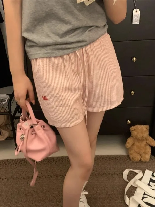 Calças curtas tradas de cintura alta e pernas largas para mulheres, estilo novo de verão 2025, calças esportivas casuais e...