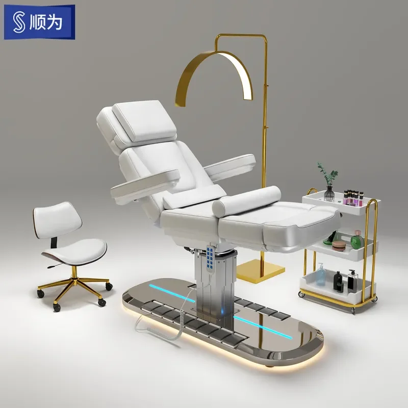 Rotatable Electric Beauty Bed with Foot Control Adjustable Massage Table for Eyelash Extension Ear Cleaning Embroidered