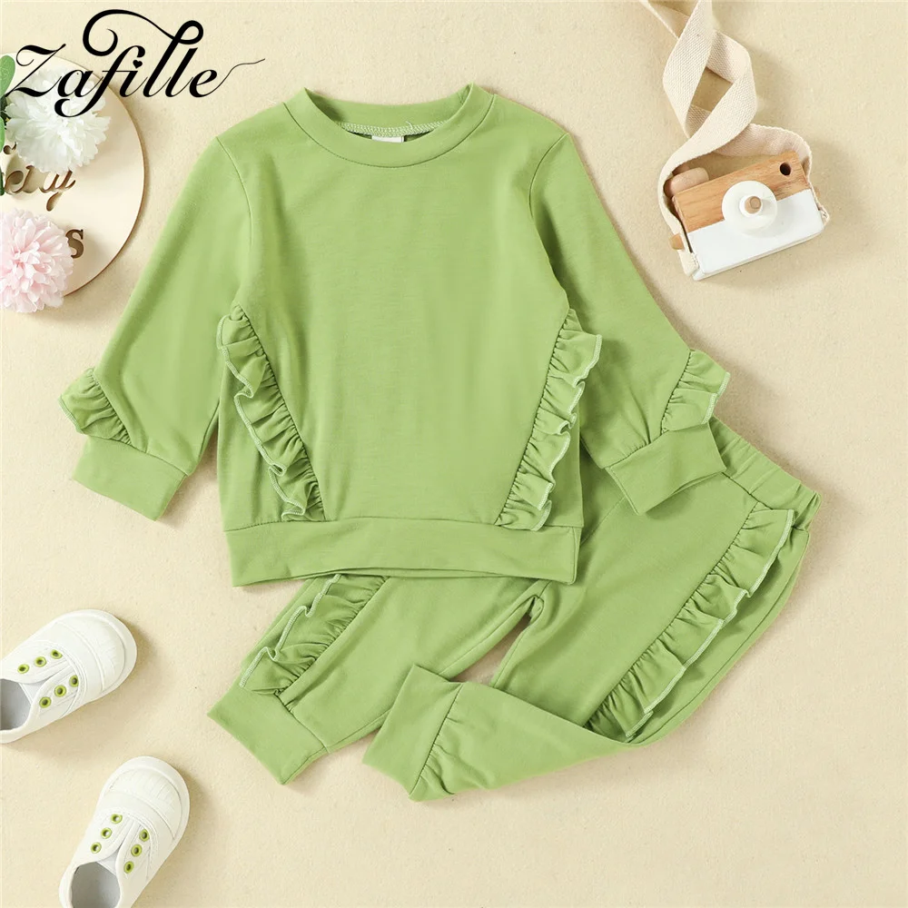 ZAFILLE Ruffles Baby Clothes Set Long Sleeve Autumn Kids Girls Hoodies Pants Solid Toddler Baby Costume Casual Girls Suits Set