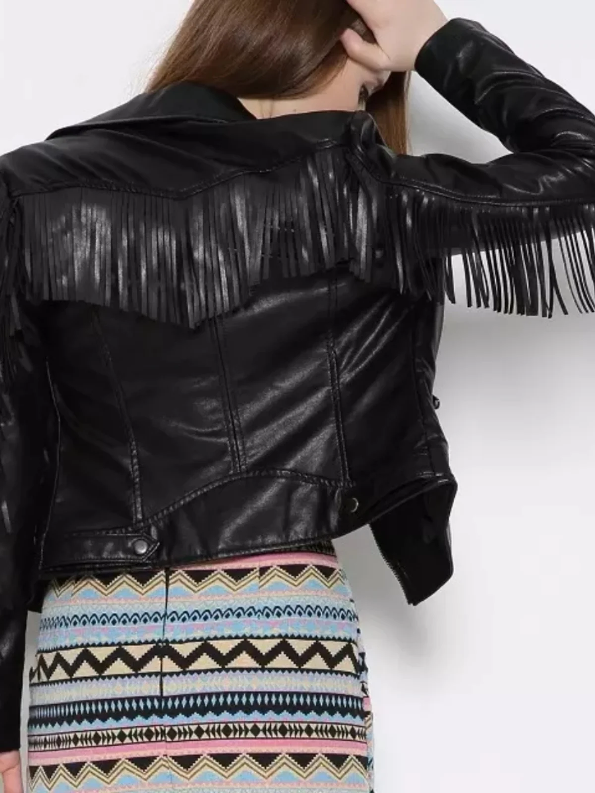 Metallic Bla PU Leather ort Jaet with Fringe Zipper Slim Fit Long Sve Autumn New Arrival Women's Faion Outerwear
