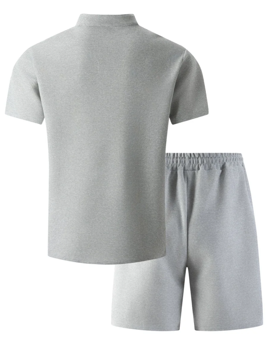 Men's new summer style waffle plain-color crew-neck t-shirt with pocket short-sleeved set with beach shorts men's casual suit