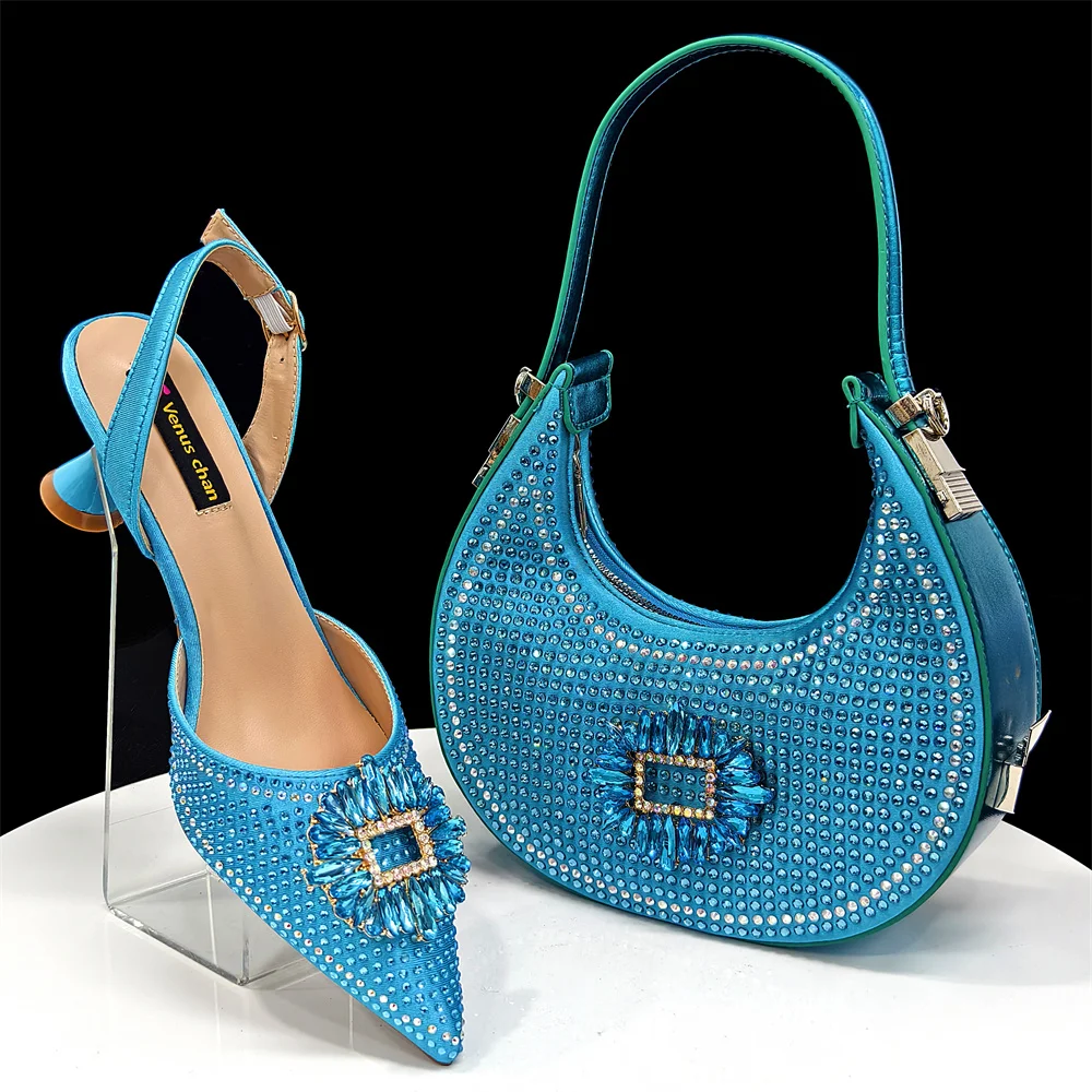 Elegant Sky Blue Satin Rhinestone Bow Slingback Heels & Clutch Bag Set - Women's Bridal Accessories for Wedding, Party, Evening