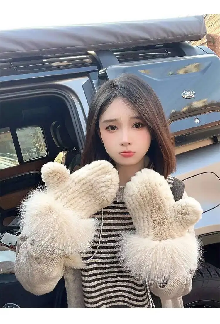 Real Rex Rabbit Fur Gloves For Women Winter Plush Thickened Warm Real Fur Gloves Handmade Knitted Fur Gloves Keep Warm Mittens