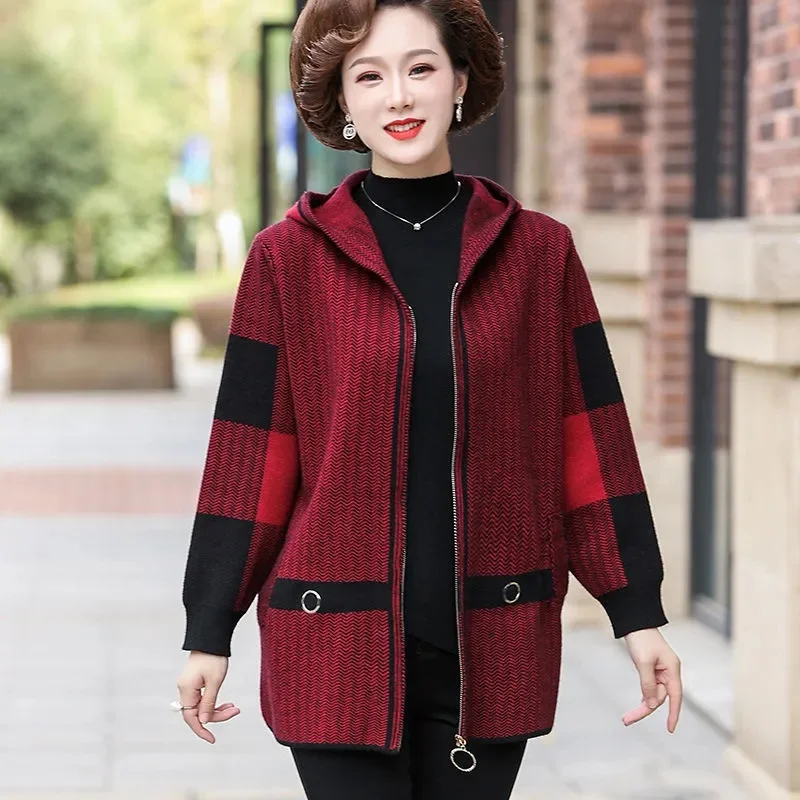 2023 New Mother Spring Autumn Clothes Western Style Top Clothes Middle-Aged Women Cardigan Middle-Aged and Elderly Hooded Jacket