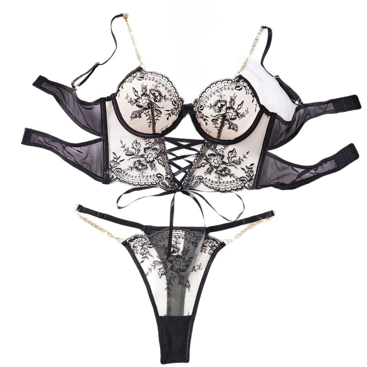 2 Pieces Western Chain Flower Embroidery Bra Cross Straps Design Womens Erotic Seductive Underwears Clothing Sexy Lingerie Set
