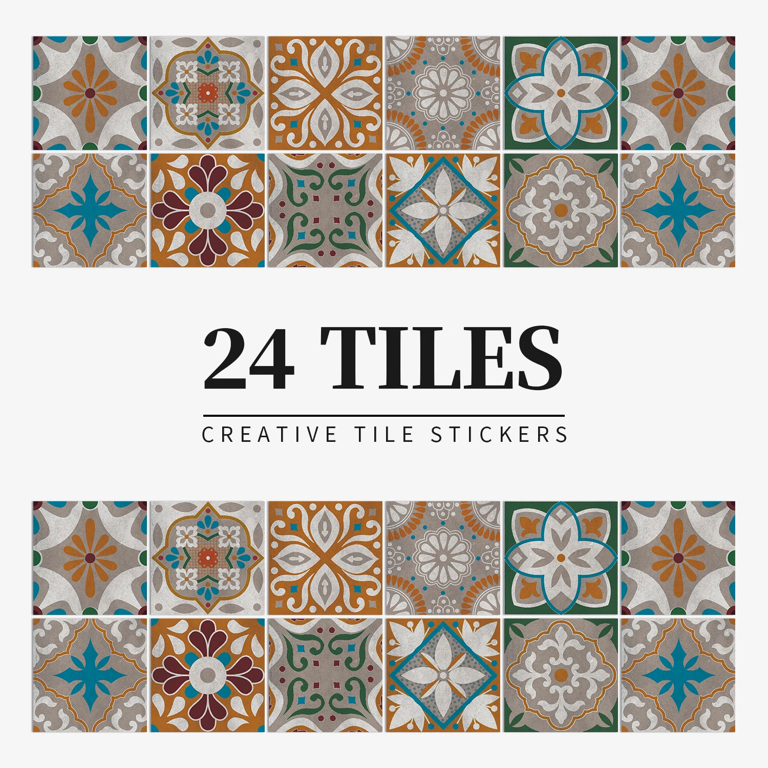 24 pcs/pack, Waterproof and Oil-proof, Easy To Clean, Retro Art Pattern Self-adhesive PVC Tile Stickers