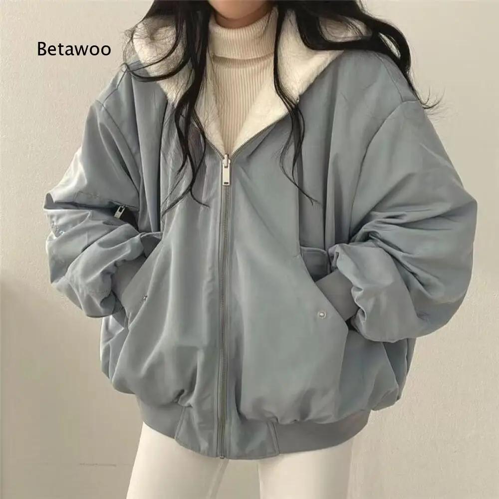 Women Cold Weather Hooded Bomber Jacket Fleece Lined Zip Closure Side Pockets Oversized Style Daily Commuter Street Outerwear