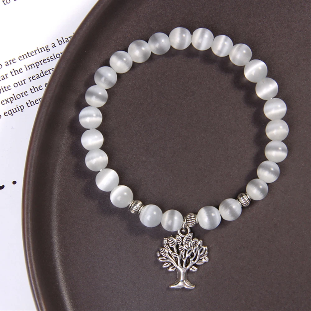 Tree of Life Charm Bracelet Cat Eye Moonlight Stone Beads Elastic Bracelets For Women Men Moonstone Bangle Wrist Jewelry Pulsera