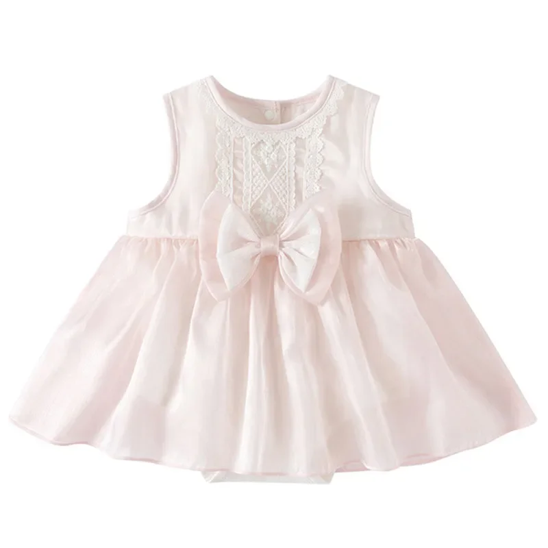 

Summer Jumpsuits Baby Girl Clothes 0 To 6Months Korean Pink Cute Bow Lace Mesh Sleeveless Princess Bodysuits Newborn Items B161