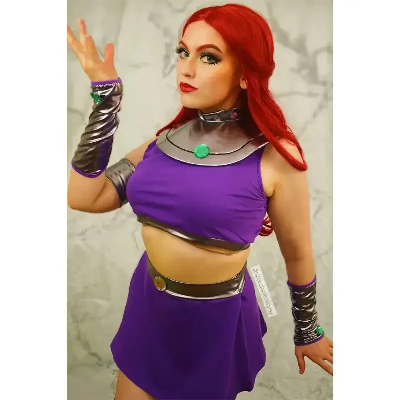 DAZCOS في سن المراهقة تيتان Starfire المرأة زي الأرجواني الأميرة Koriand'r تأثيري حلي الزي الأرجواني مع جوارب بطل البدلة