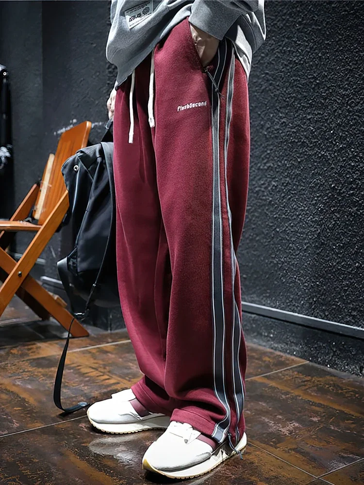 

Side Zipper Split Casual Sport Baggy Sweatpants Men Straight Long Trousers Outdoor Running Jogging Cargo Pants