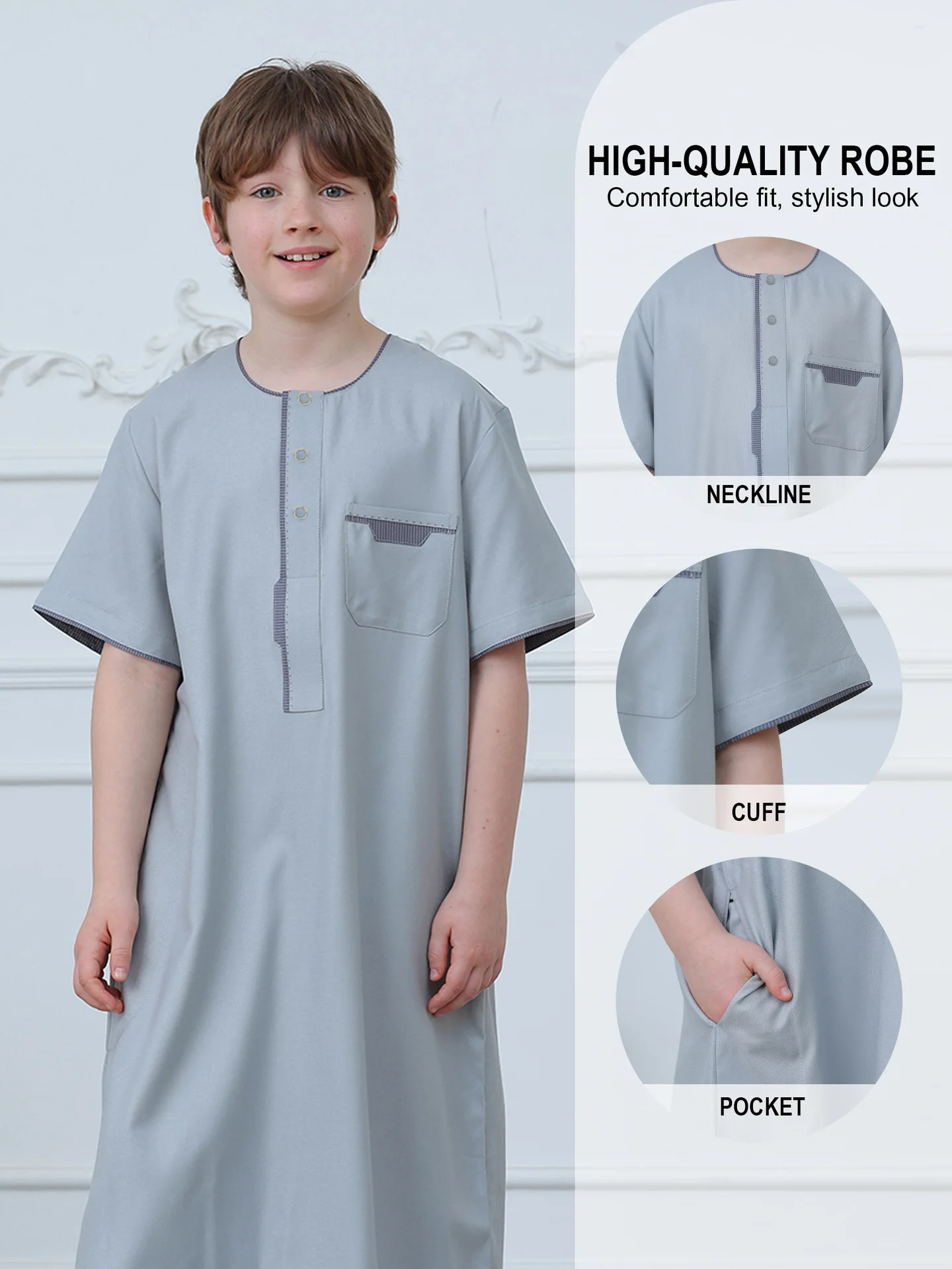 

Boys Muslim Thobe Short Sleeve Pocket Kaftan Kids Islam Jubba Robe Ramadan Prayer Clothes Children Arab Long Dress Outfit Casual