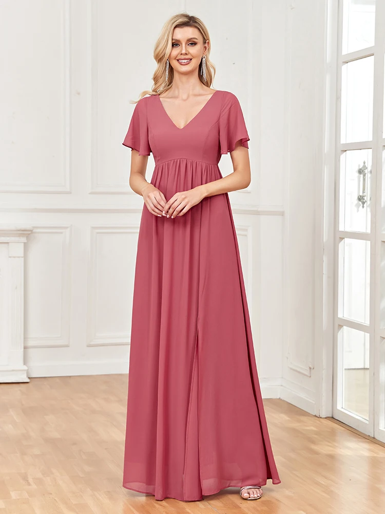 2023 New Spring Summer Chiffon Evening Gowns Double  V-Neck A-line Wedding Party Bridesmaid Dress Side Slit Floor Length Dress