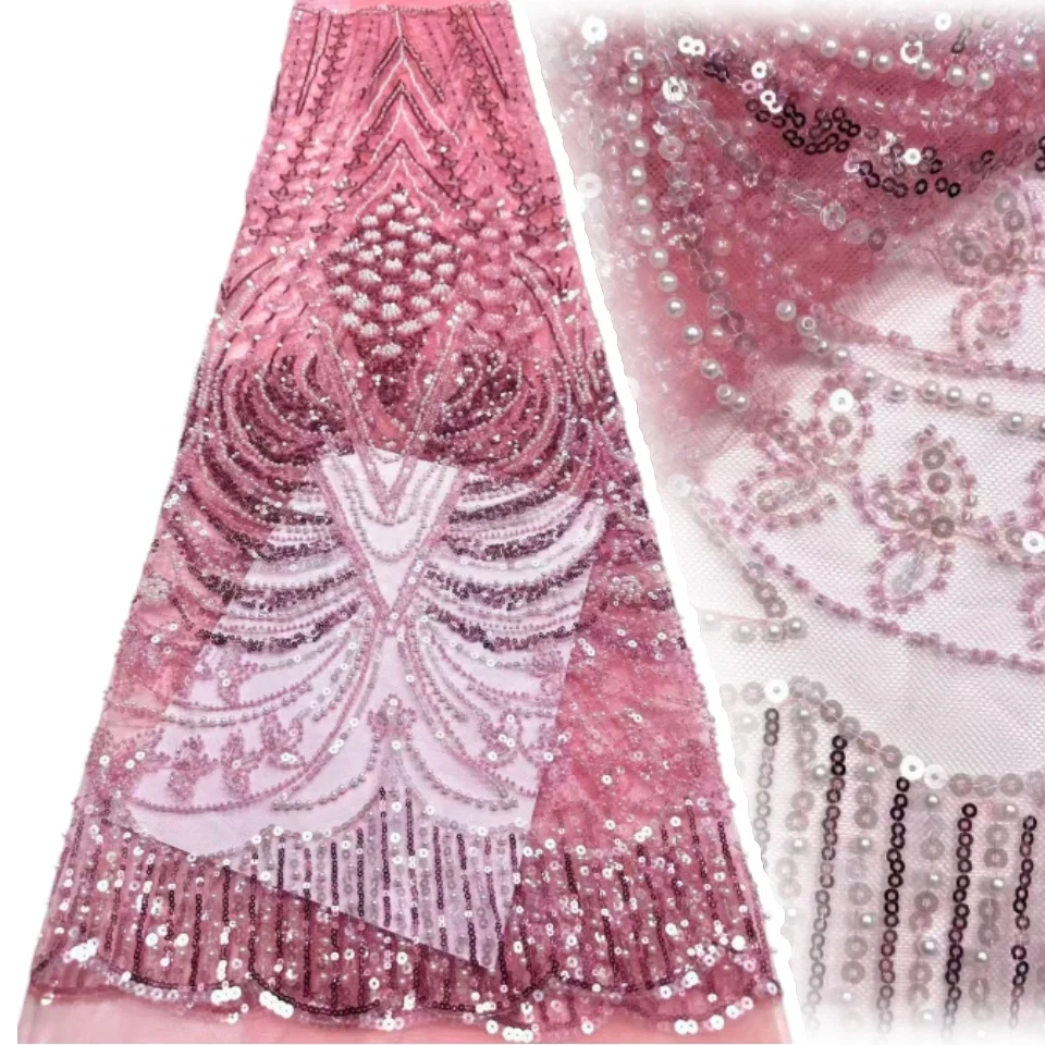 

5 Yards Elegant Party Luxury Party Gown African Handcrafted Beaded Sequins Lace Fabric 2026 Luxury French Tulle Lace Fabric 2408