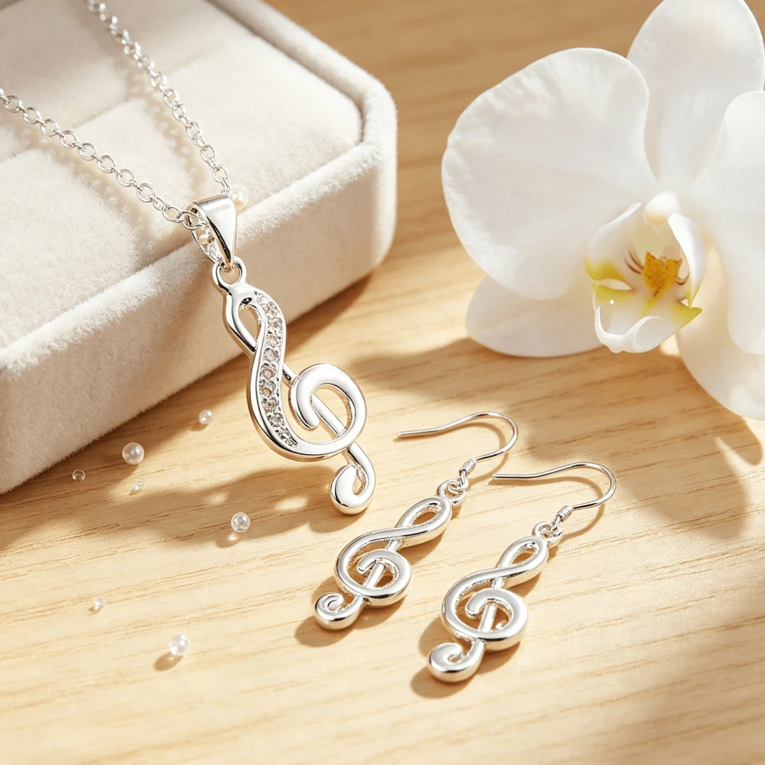 New arrive 925 Sterling Silver Noble Musical note Necklace Earrings Jewelry Sets for Women Fashion Hip-hop accessories Gifts