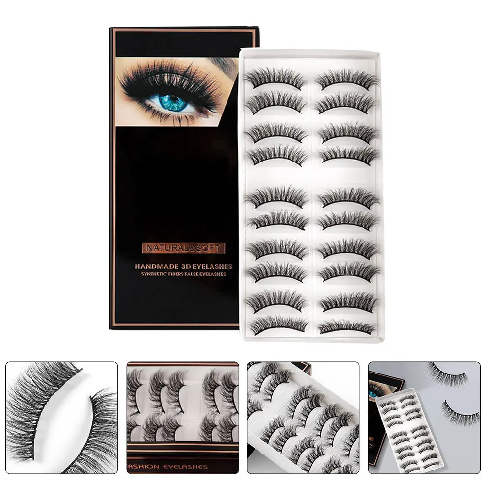 10Pairs Natural 3D False Eyelashes Fiber Makeup Lashes for Daily Wear Curlable Trimmed Band Adjustable Eye Enlarging Brightening
