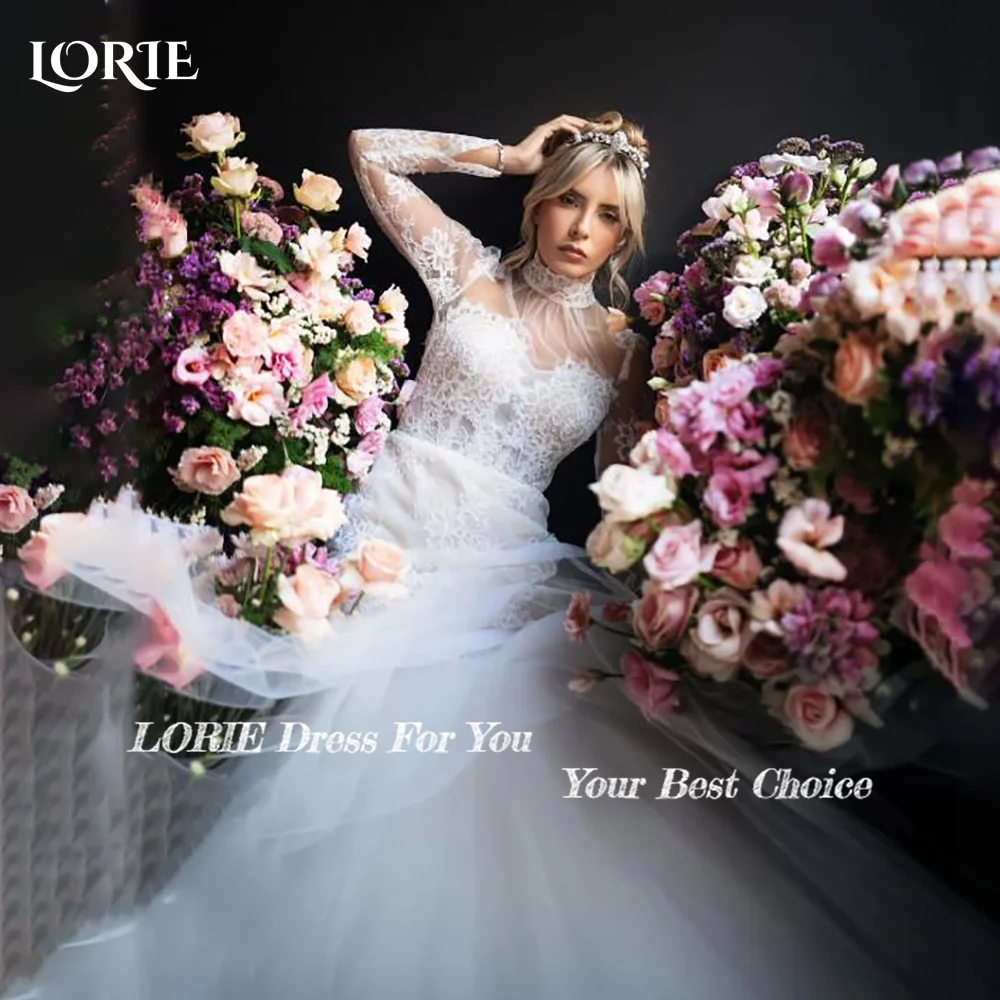 LORIE 3D Flowers Mermaid Wedding Dresses High Collar A-Line Puff Sleeve Long Sleeve Bridal Gown Princess Bride Dress Customized