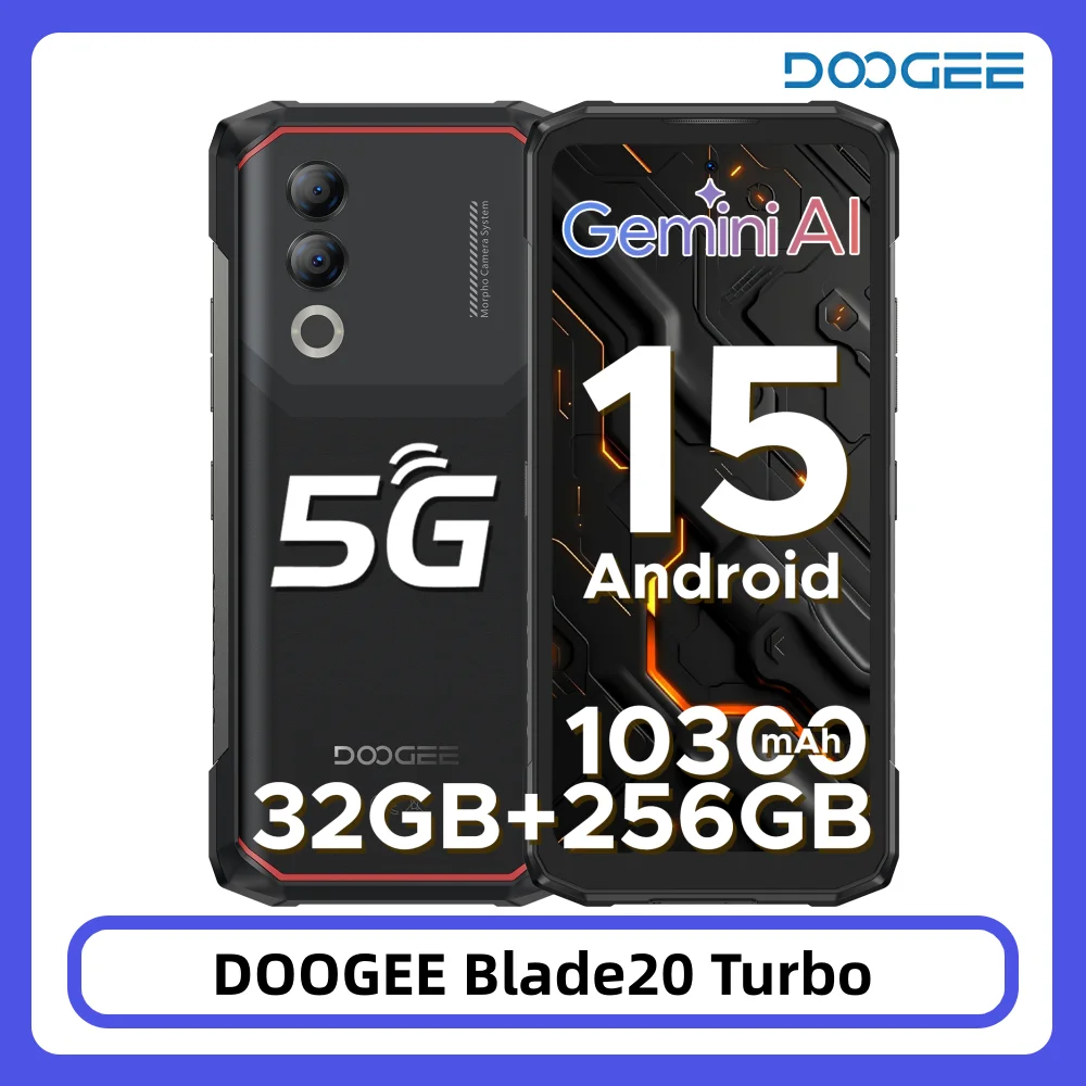 DOOGEE Blade20 Turbo 5G Rugged Phone 32GB+256GB 6.6'' HD+ Display Dimensity 7050 Gemini Al 10300mAh Battery NFC Smartphone