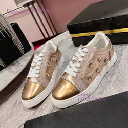 Gold Leather Sneakers Jeweled Strap Women Glitter Flat Casual Men White Sports Lace Loafers Spring Mules Round Sequin Bling Shoe