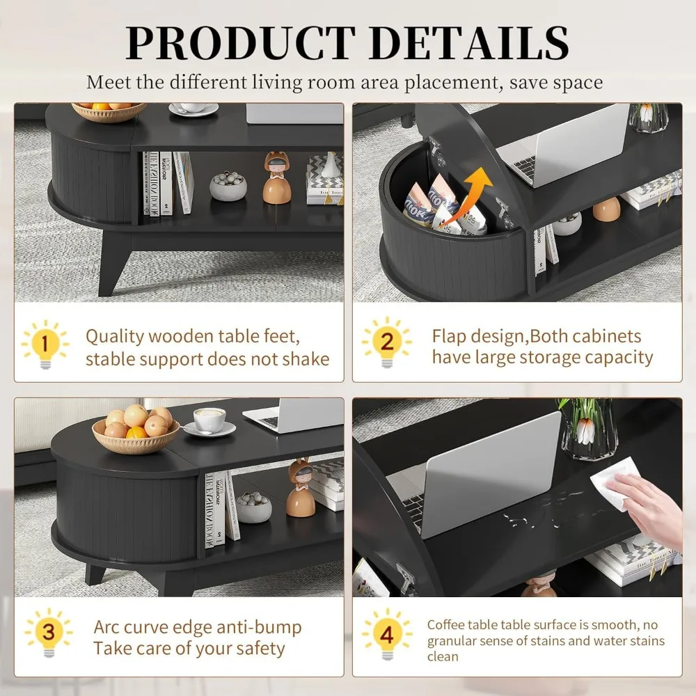 โต๊ะกาแฟทรงรีสไตล์มิดเซ็นจูรี่โมเดิร์น พร้อมที่เก็บของ โต๊ะกลางตกแต่งด้วยไม้ลายร่อง สำหรับห้องนั่งเล่น