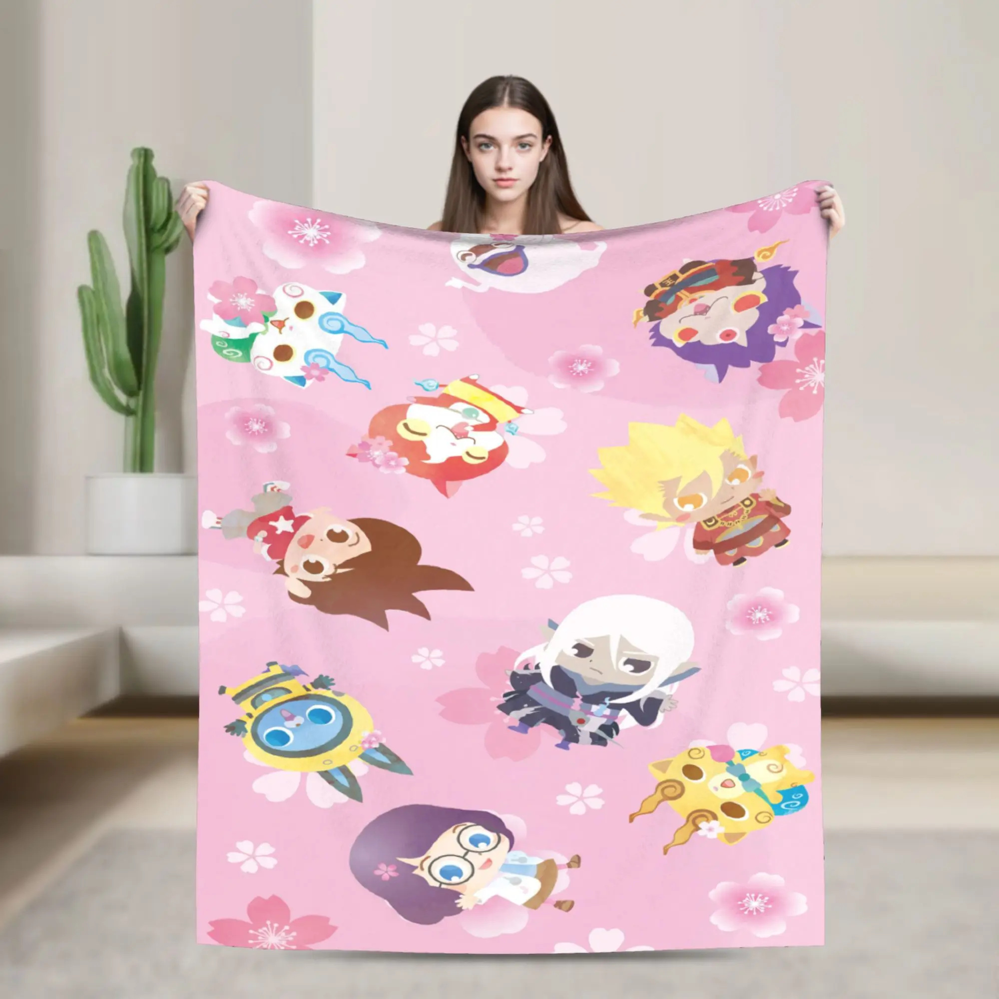 Yokai Watch Game Fleece Throw Blanket Chibi Jibanyan Komasan Blankets for Sofa Travel Ultra-Soft Bedroom Quilt