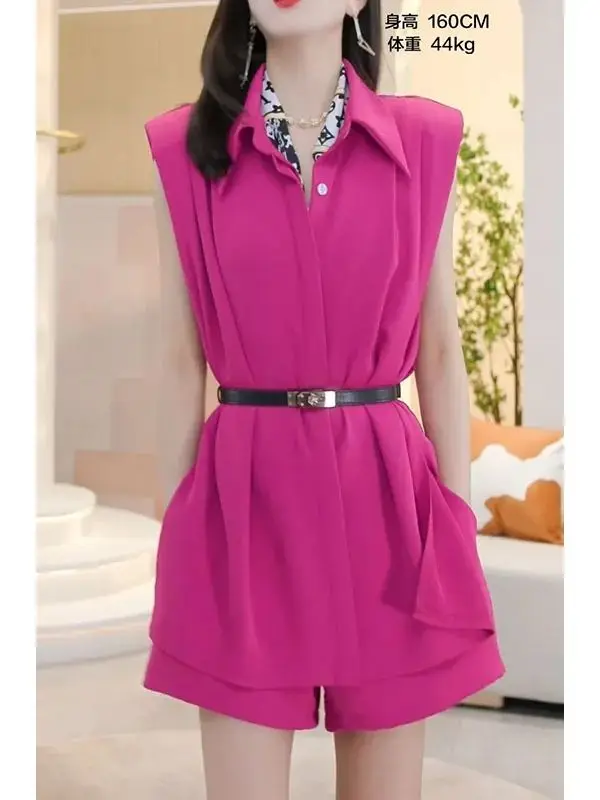 2024 Summer Fashion Simple Commuting Solid Color POLO Collar Shirt Sleeveless Sexy Slimming Top+Shorts Set