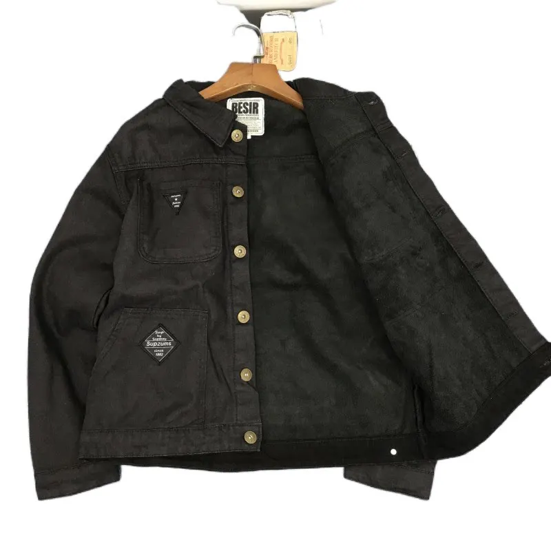 Japanese Style Fleece Lined Loose Work Jacket Multi Pocket Dirt Resistant Cotton Youth Casual Outerwear for Autumn Winter