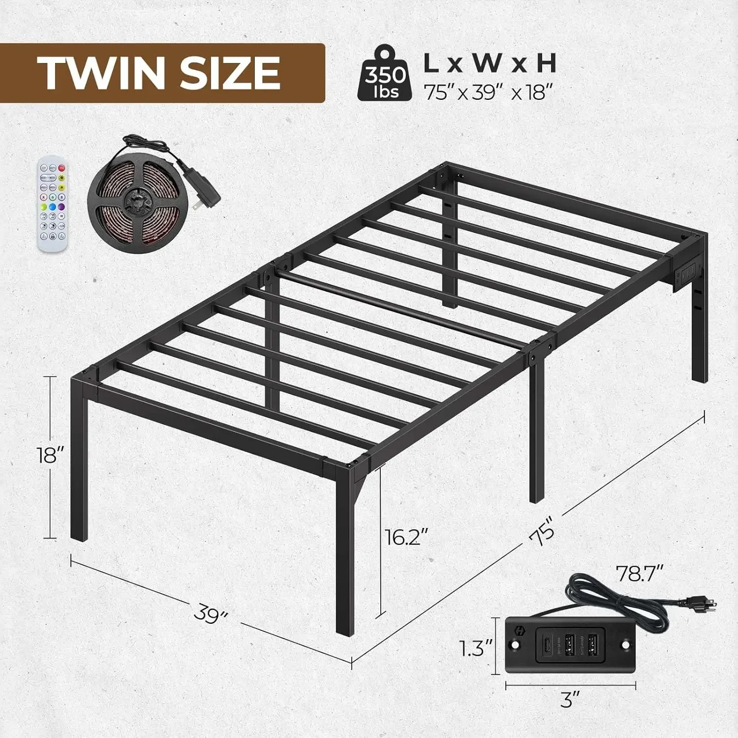 Bed Frame with USB Charging Station, Twin Bed Frame with LED Lights, Platform Bed Frame with Heavy Duty Steel Slats, 1