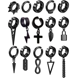 WKOUD 1-15 Pieces Clip On Earrings Set For Men Stainless Steel Black Fake Piercing Mens Hoop Non-piercing Earrings