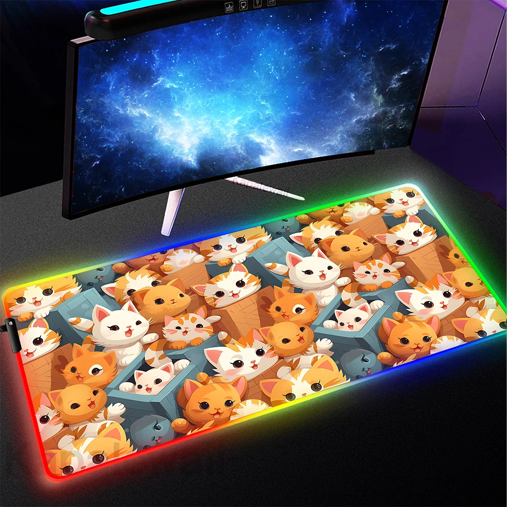 

RGB игровой коврик для мыши, большой коврик для мыши в стиле аниме, кошка, игровой коврик для мыши, милые настольные коврики, светящийся игровой стол, размер XXL