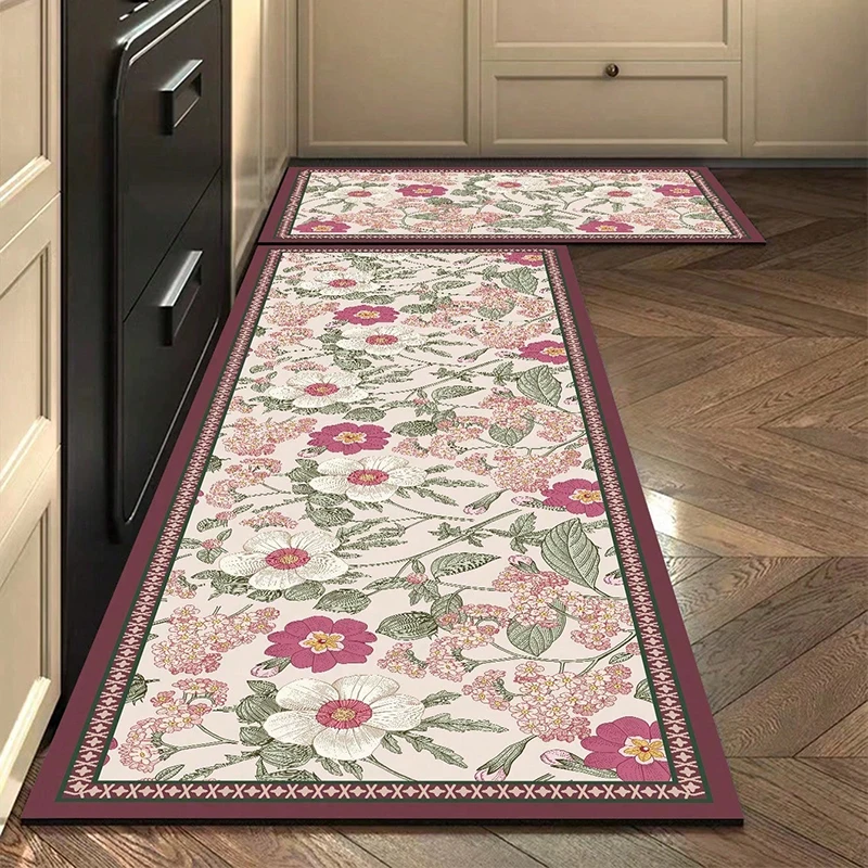 

Washable Non-slip Kitchen Rug Pvc Leather Waterproof Anti-slip Floor Mat Long Rugs Oil-proof Foot Mats Pink Flower Home Carpet