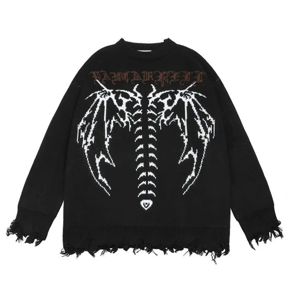 Y2k Letter Wings Knitted Pattern Sweater Streetwear All-Match Personality Couple Long-Sleeve Knitted Top Unisex 2024 Spring New