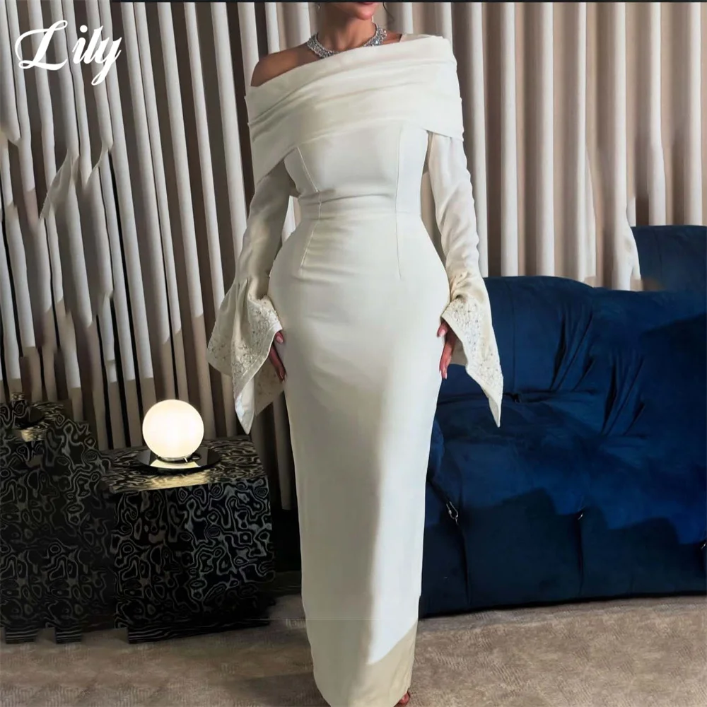 

Lily White Satin Prom Dresses Boat Neck Long Sleeves Gala Dresses Wrap Hips Saudi Arabic Modest Evening Party Gown Customized
