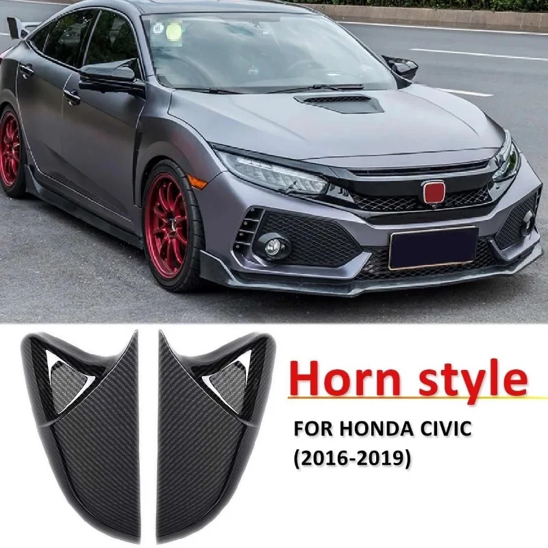 2PCS Horn Shape Carbon Fiber Style/Bright Black Rear View Side Mirror Cover For Honda For Civic 10th 2016-2018