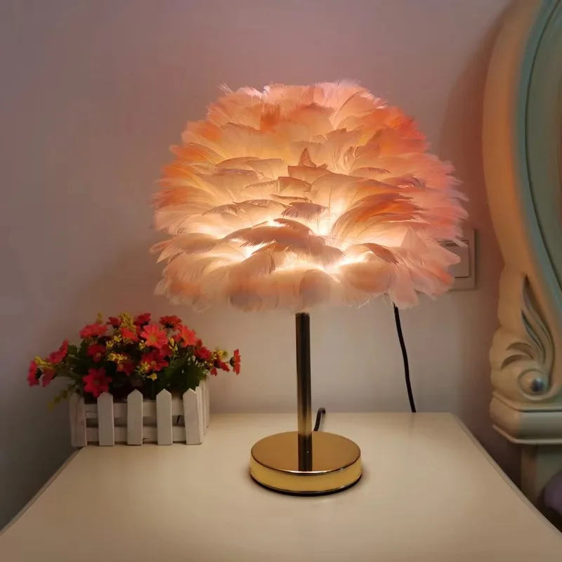

Bedroom home gold bar simple Ins feather lamp creative bedside wedding feather table lamp night light