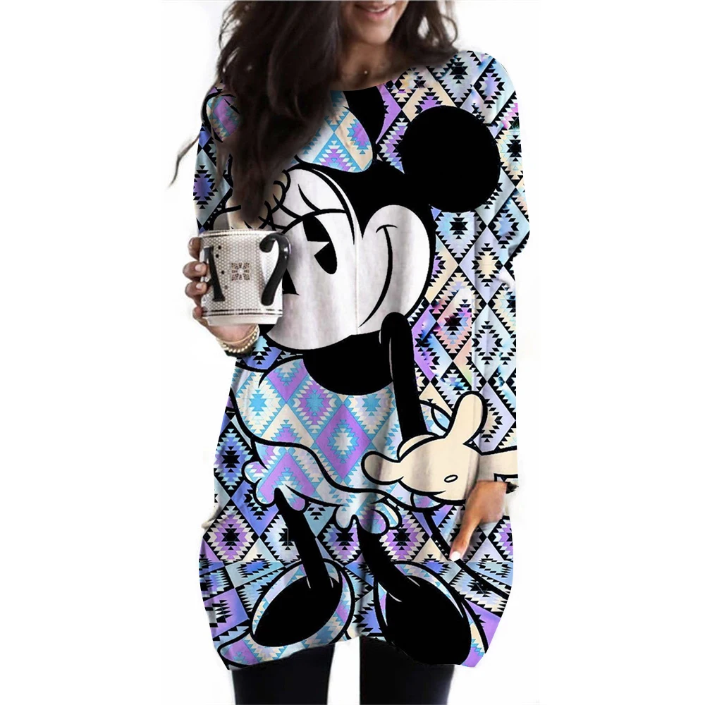 Women\'s Spring and Autumn New S-3XL Large T-shirt Solid Color Long Sleeve Loose Disney\'s Mickey Mouse Casual Harajuku Waist T-sh