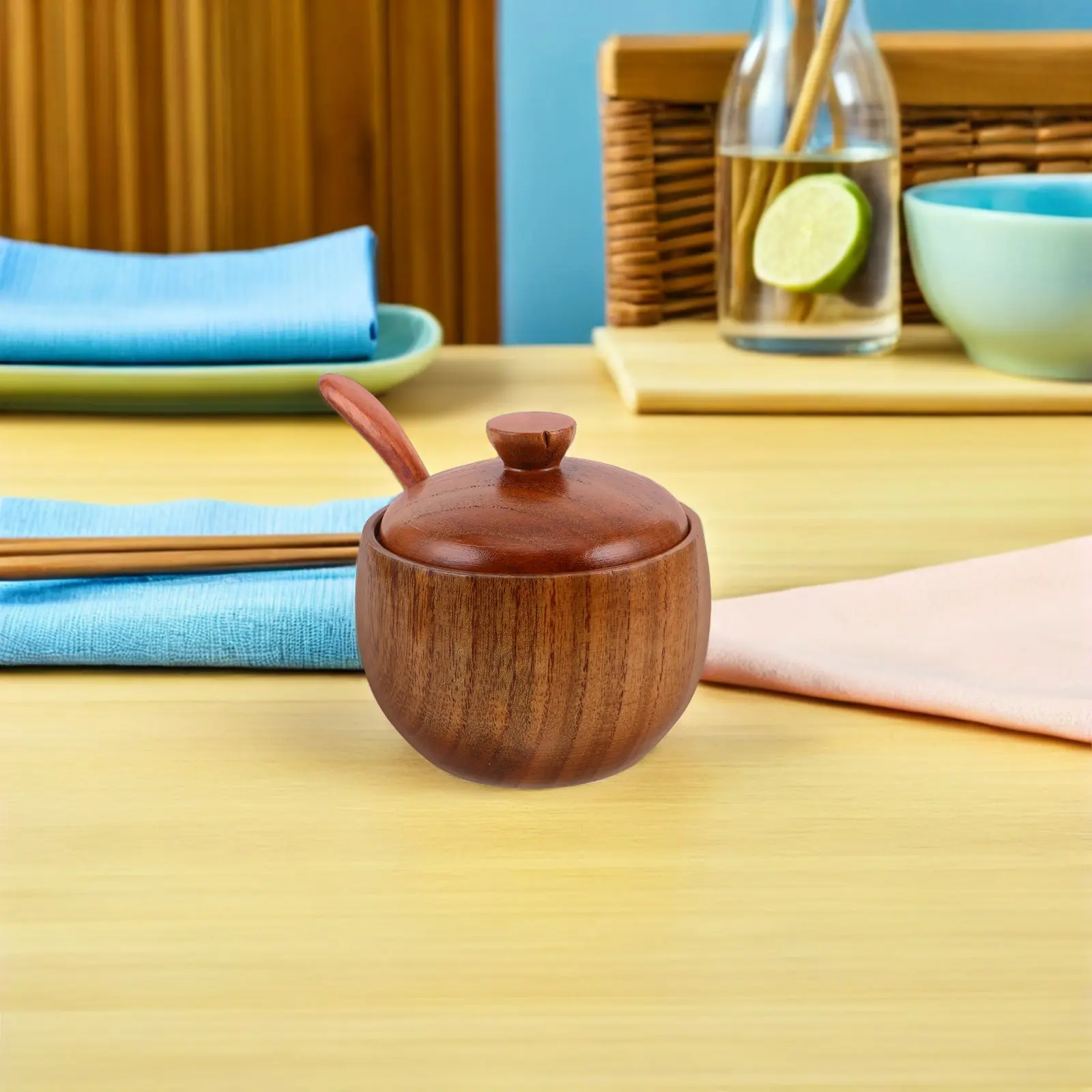 1Set Wooden Spice Jars Set with Airtight Lids Spoon for Salt Sugar Pepper Freshness Preserving Rustic Kitchen Condiment Storage