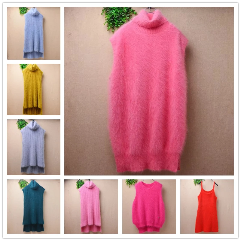 

Женский модный волосатый пушистый ангорский кролик, свободный пуловер без рукавов, жилет из меха норки, кашемировый джемпер, платье, свитер, тянуть