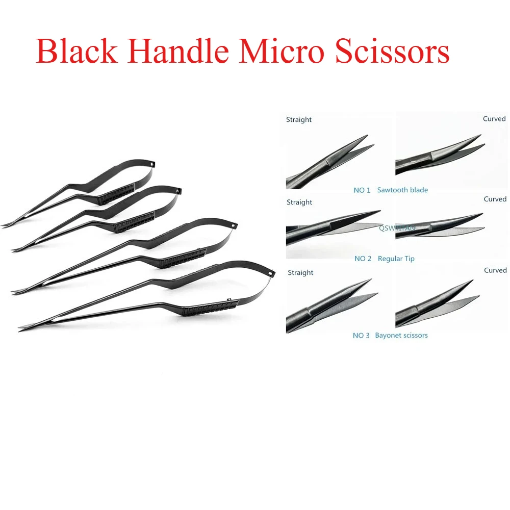 กรรไกรไมโครด้ามดำ กรรไกรผ่าตัดขนาดเล็ก เครื่องมือ 185 มม./260 มม. เครื่องมือผ่าตัดเปลือกตาสแตนเลส