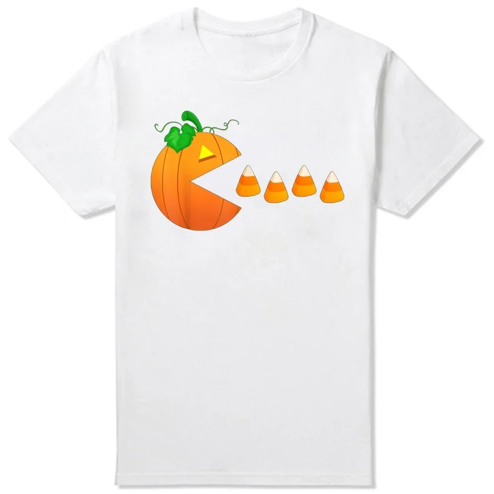 Halloween Pumpkin Eating Candy Corn Gamer Lovers Tee Tops Round Neck Short-Sleeve Fashion Tshirt Clothing Basic T-shirts summer.