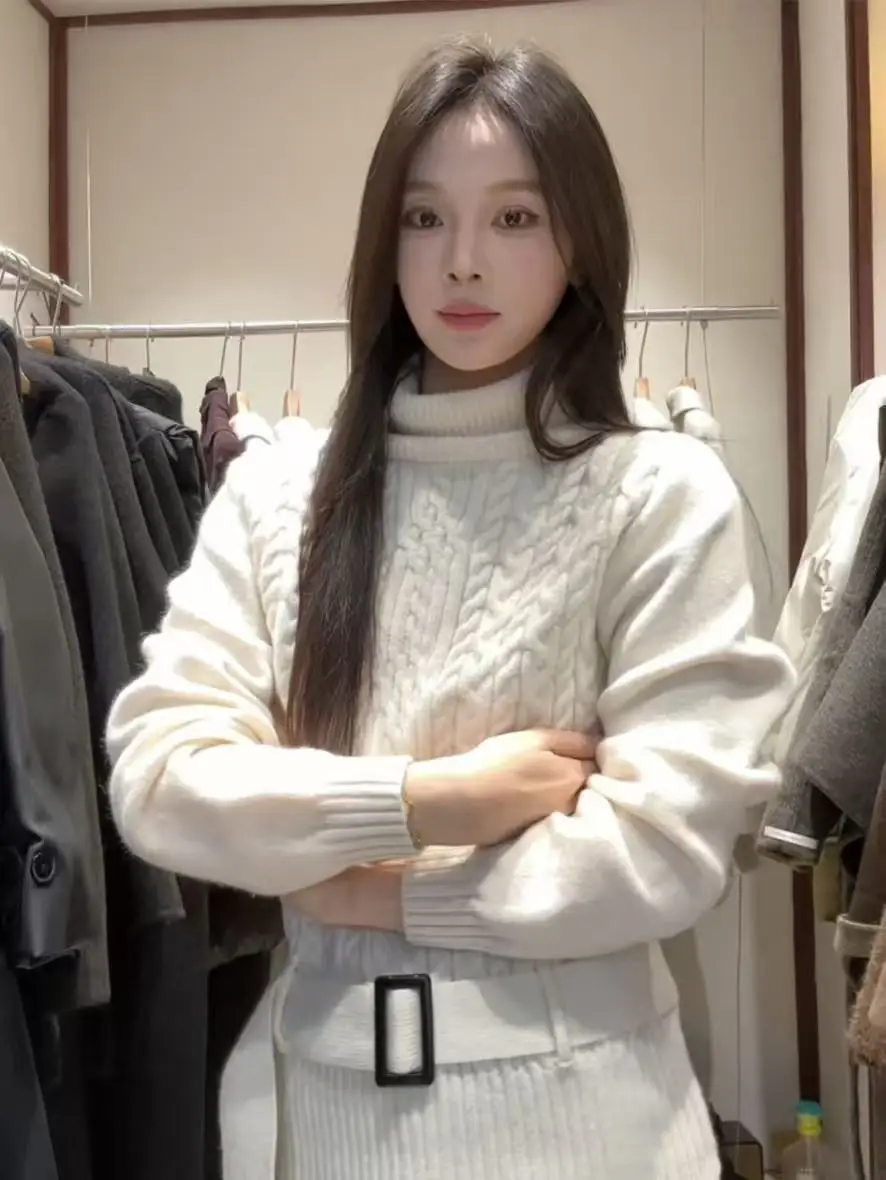 한국 슬레 하이넥 트위스트 스웨터 여성용 가을 겨울 루즈핏 허리 조임 부드럽고 포근한 니트 베이스 레이어 탑