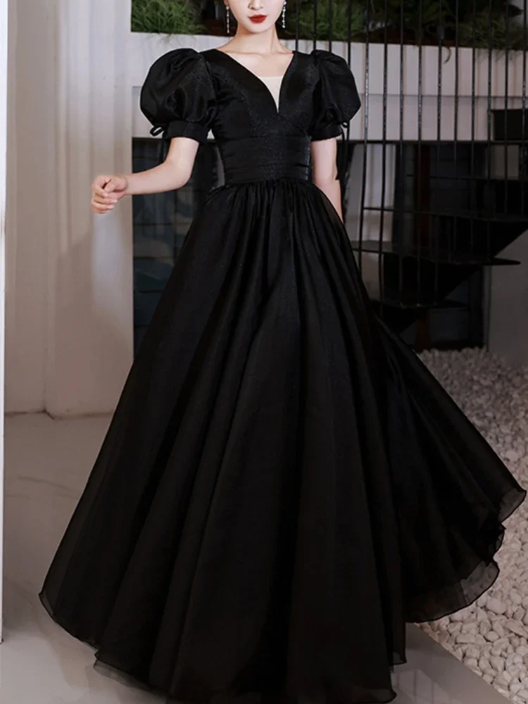 Customized Black Evening Party Dresses 2024 Summer New Elegant V-neck Wedding Dress Slim Waist Puff Sleeve Cross Lace Up Prom Ve