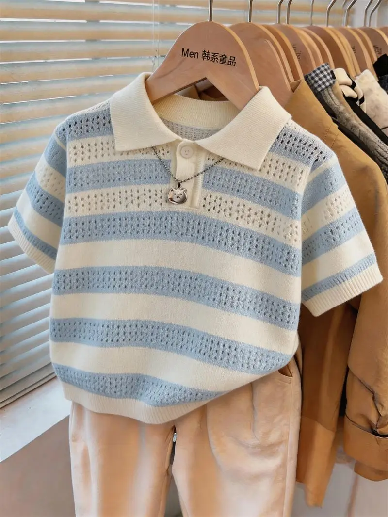 Summer Boys' Short sleeved Knitted Polo Shirt Fashion New Style Children's Baby Striped Hollow Top